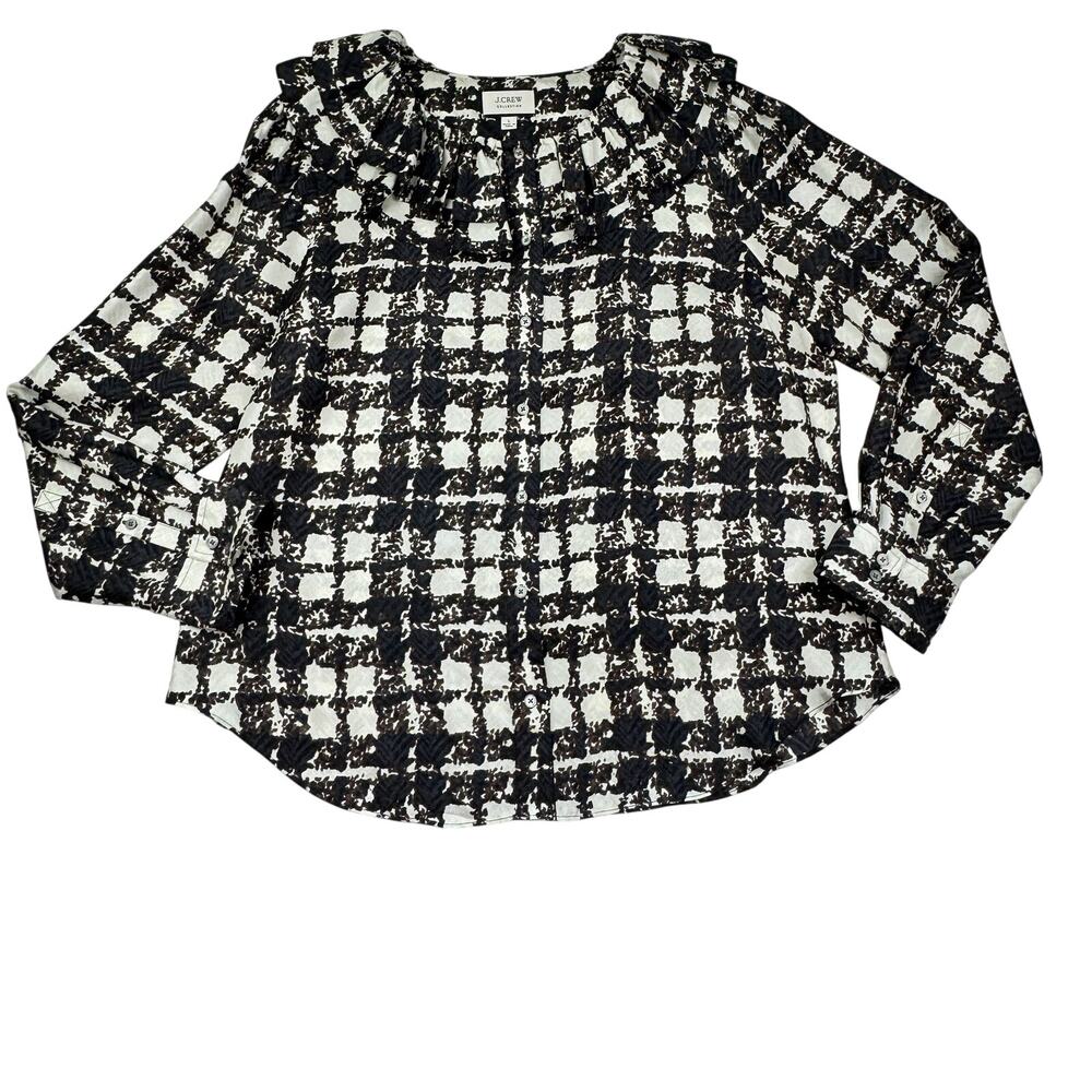 J. Crew 100% Silk Plaid Print Ruffle Neck Button Down Blouse Women's Size L